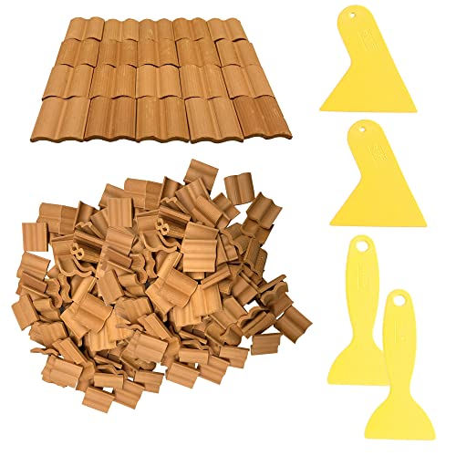 Cayway 300 PCS Mini Red Roof Tiles Set, Red Miniature Tiles with Scraper, Roof Fake Model Landscape Accessories Dollhouse Fake for DIY Dollhouse Bricks Diorama Fairy