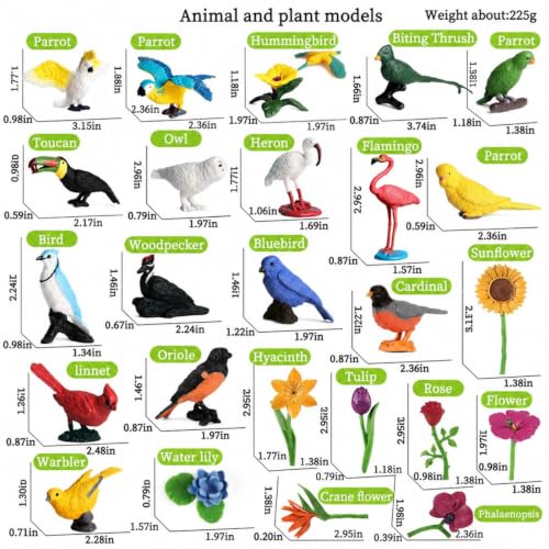 25pcs Plastic Animal Figures, Mini Bird & Flowers Figurines for Kids