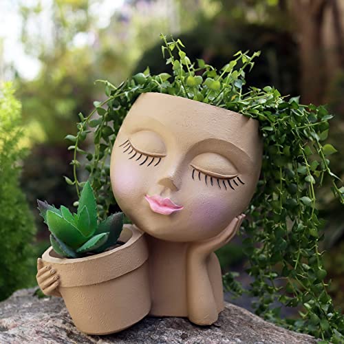Dolkgy Face Planters Pots Head Planter, Unique Plant Pots for Indoor Outdoor Plants, Novelty Cute Large Girl Head Flower Pots with Drainage Hole for Home Garden Succulents Cactus - color: C1-khaki