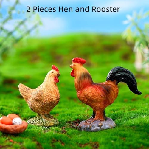 2Pcs Miniature Chicken Mini Carved Ornament Figurine Farm Hen and Farm Rooster Figurine Small Animals Collectible, Miniature Outdoor Statues for Micro Landscape
