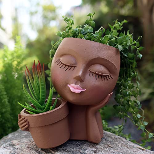 Dolkgy Face Flower Pot Head Planter, Face Planter Black Woman Unique Planters for Indoor Outdoor Plants, Novelty Plant Pots Lady Head Vase with Drainage Hole for Home Garden Succulents Cactus - color: C1-black