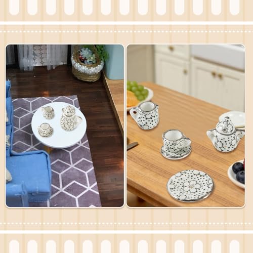 Floral Ceramic Tea Set Ornament Mini Porcelain Dollhouse Decor - color: Black