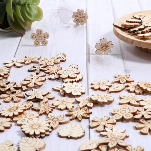 100PCS Wooden Floral Ornament Unfinished Openwork Piece 1 Inch Handcrafted Decorative Accessories DIY Graffiti Painting Sheet