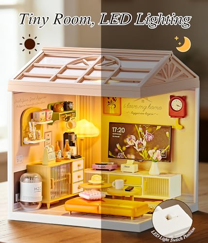 Modern Living Room DIY Miniature House Kit with Roof & LED Light, Stackable & Connectable Dollhouse Kit with Dustproof Door, Creative DIY Crafts Building Toy Gift for Adults Teens - color: Livingroom, size: Meduim