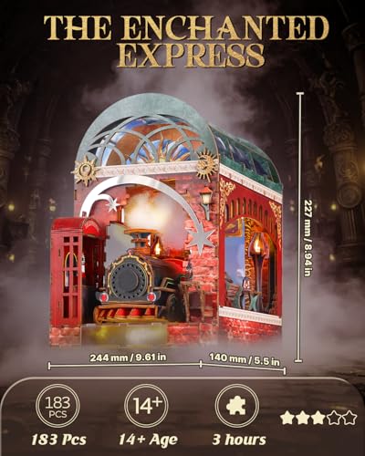 3D Wooden Puzzle for Adult, 3D Puzzle DIY Miniature House Kit for Adult, Booknook with LED Light, 3D Wood Puzzle Gifts for Family, Friend, Bookshelf Decor (The Enchanted Express) - color: The Enchanted Express