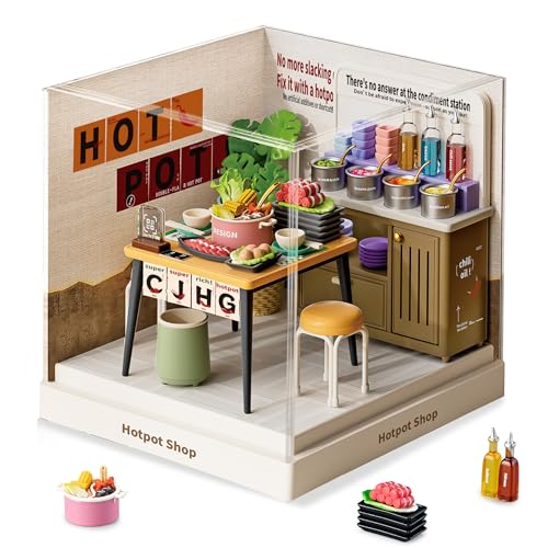 Hotpot Shop Super Miniature House Kit - DIY Plastic 3D Model Building Set for Adults & Teens, Build Your Own Hotpot Restaurant with Dustproof Case, Creative Craft Gift for Girls Women - color: Hotpot Shop, size: Small