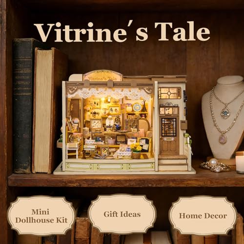 fifijoy DIY Miniature Dollhouse Kit - Jewelry Shop DIY Miniature House Kit for Adults and Teens, 3D Wooden Puzzle Tiny House Model with LED Light, Unique Gift for Family, Friends (Vitrine’s Tale) - color: Vitrine's Tale
