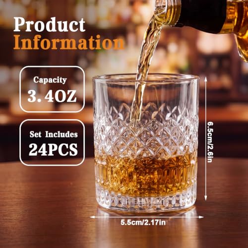 Meanplan 24 Pcs Mini Whiskey Tasting Set - 3.4oz Heavy Base Crystal Rocks Glasses - Vintage Engraved Small Bourbon & Whiskey Tasters for Bar, Parties, and Flight Samplings (Diamond Cut) - style: Diamond Cut