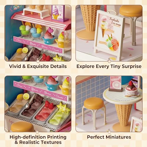 Ice Cream Shop Super Miniature House Kit - DIY Plastic 3D Model Building Set for Adults & Teens, Build Your Own Sweets Dessert Shop with Dustproof Case, Creative Craft Gift for Girls Women - color: Ice Cream Shop, size: Small