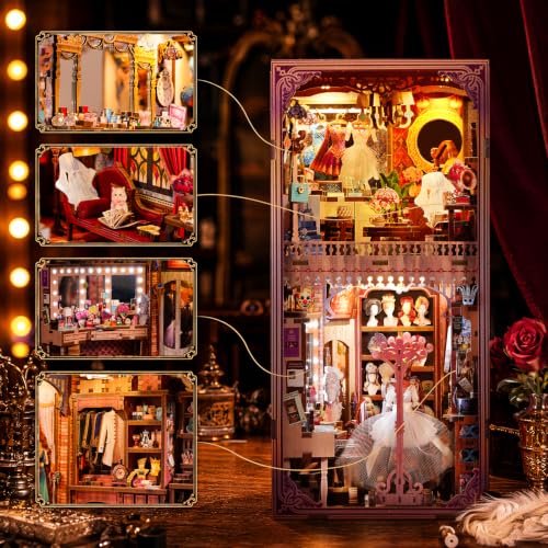 fifijoy DIY Book Nook Kit - Theatre Dressing Room DIY Miniature Dollhouse Booknook Kit for Adults, 3D Wooden Puzzle Bookend Bookshelf Insert Decor, Gift for Family, Friends (with White Light) - color: Theatre Dressing Room