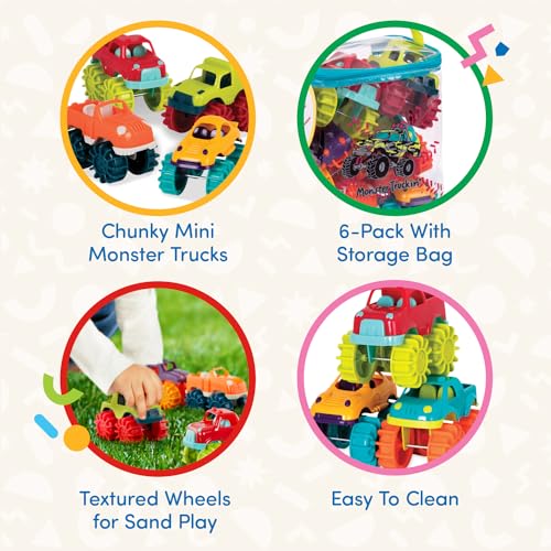 Battat Mini Monster Trucks, 6 Toy Trucks with Storage Bag, Vehicles - style: Monster Trucks