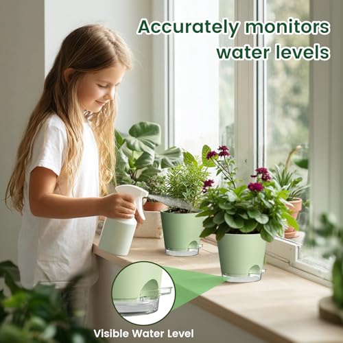 Meowell 6 inch Self Watering Pots for Indoor Outdoor Plants, 3 Pack Flower Plant Pots with Drainage Holes and Clear Reservoirs, Visible Water Level, Plastic Planters with Wicking Rope, Green - color: Green, size: 6in 3pcs