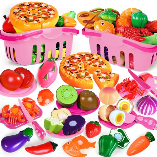 100 Pcs Play Food Set for Kids Kitchen, Pretend Food Toy for Toddlers, Play Kitchen Toys Accessories with 2 Baskets, Cutting Fake Food/Fruit/Vegetable, Christmas Birthday Gifts for Boys and Girls - color: Pink