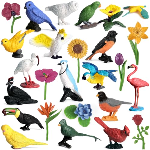 25pcs Plastic Animal Figures, Mini Bird & Flowers Figurines for Kids