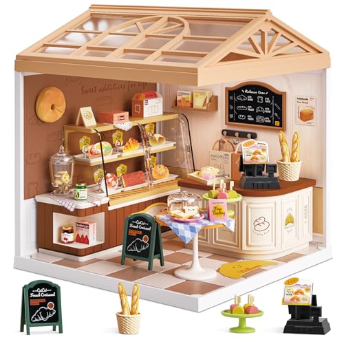 Bread Shop Miniature House Kit with LED Light, 87 Pcs DIY Mini Dollhouse with Roof & Dust Covers for Mini Figures Tiny House Toy for Adults - color: Bread Shop