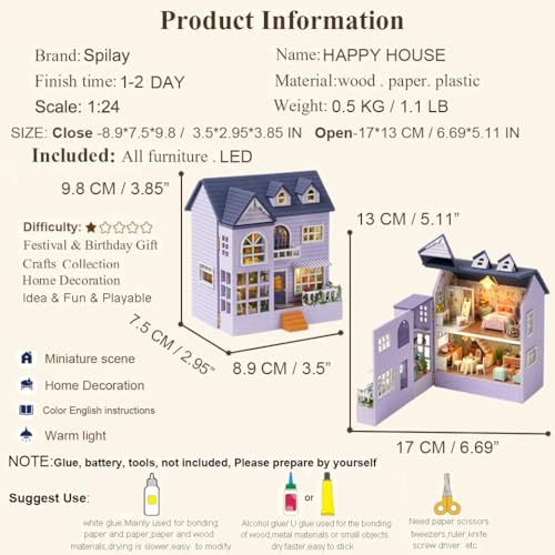 Spilay Dollhouse DIY Miniature Wooden Furniture Kit,Mini Handmade Doll House with LED,1:24 Scale Creative Woodcrafts for Adult Friend Lover Birthday Gift D32 - color: Happy House