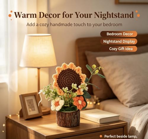 Adorable Crochet Flowers Bouquet for Women/Teacher Desk Decora Gift - color: Sunflower+wood