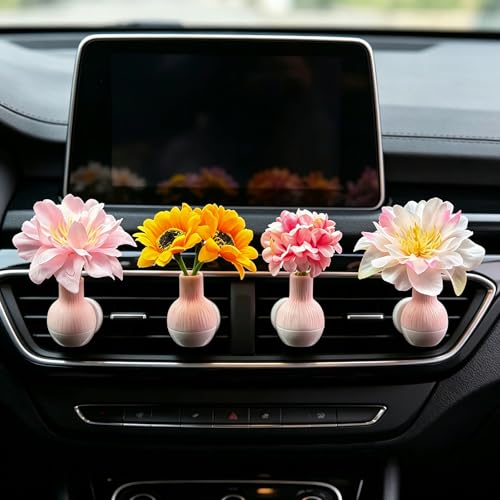 Set of 4 Cute Flower Bouquet Car Air Freshener Vent Clips, Mini Artificial Flowers for Car Air Vent Decoration, Auto Interior Dashboard Ornament Accessories (Sunflower) - color: Sunflower