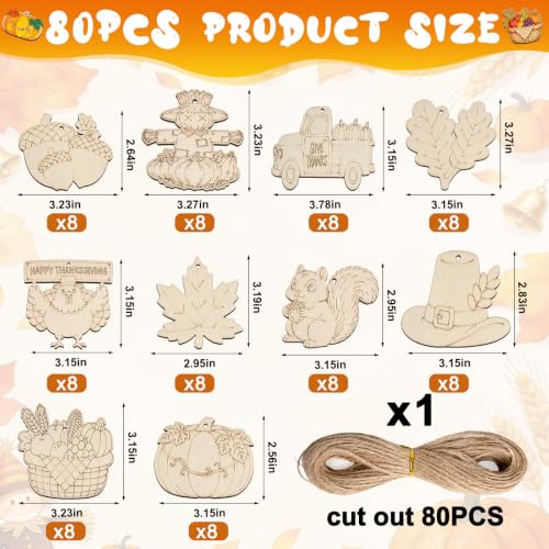 80Pcs Unfinished Fall Ornament Wood Crafts,Wooden Thanksgiving Cutouts - color: Thanksgiving