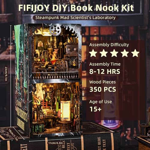 fifijoy Book Nook Kit, DIY Miniature Dollhouse Booknook Kit, 3D Wooden Puzzle Bookend Bookshelf Insert Decor with LED Light for Teens and Adults (Steampunk Mad Scientist Laboratory) - color: Mad Scientist's Lab