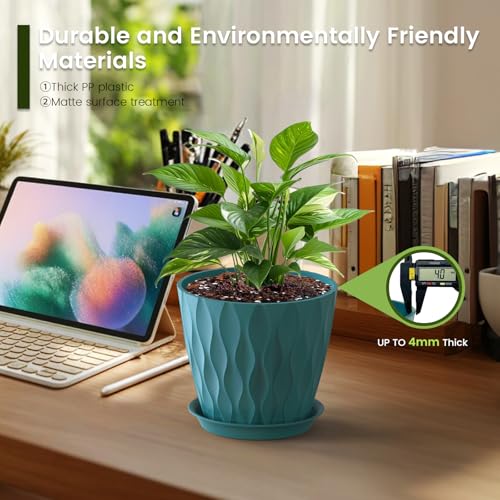 Meowell 7 inch Plant Pots for Indoor Outdoor Plants, 5 Pack Thick Flower Pots with Drainage Holes and Saucers, 3D Modern Wave Texture Plastic Planter Pots for Nursery and House Plants, Blue Green - color: Blue Green, size: 7 inch 5 pieces