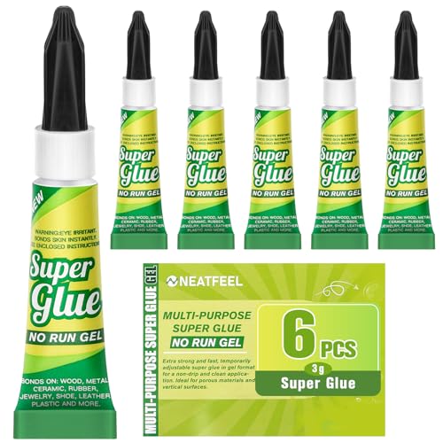 Super Glue Gel Clear 3 Gram (Pack of 6) for Plastic Metal & Wood – Instant CA Adhesive All Purpose Multipack, Cyanoacrylate Glue for Ceramic 3D Printing Shoe Crafts, Strong Bonding Single Use Minis - size: 6 x 3G