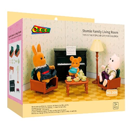 Family Dollhouse Living Room Set — Piano with Bench & Sheet Music, Two Armchairs, Coffee Table, Floor Lamp & Tea Set — Dollhouse Furniture & Accessories for Ages 3+ - style: Living Room Set