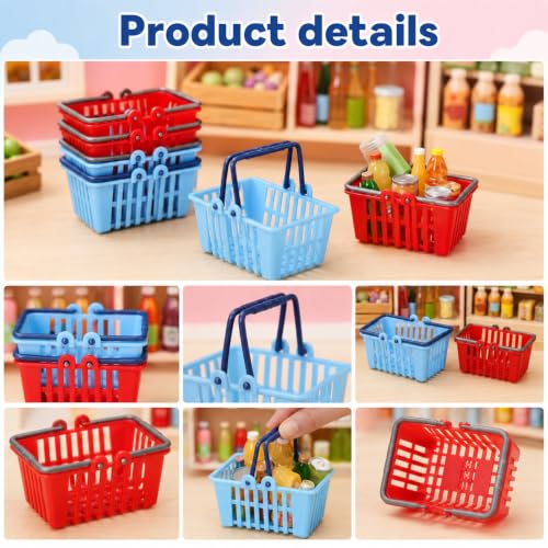 6 PCS Mini Shopping Baskets Miniature Shopping Cart Plastic Basket Miniature Supermarket Shelves Furniture with Removable Handles Model Locker Dollhouse Decor for Cosplay Game Party