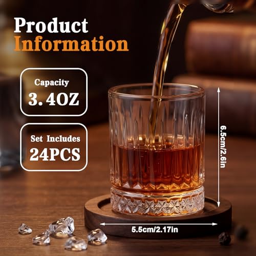 Meanplan 24 Pcs Mini Whiskey Tasting Set - 3.4oz Heavy Base Crystal Rocks Glasses - Vintage Engraved Small Bourbon & Whiskey Tasters for Bar, Parties, and Flight Samplings(Sparkle) - style: Sparkle