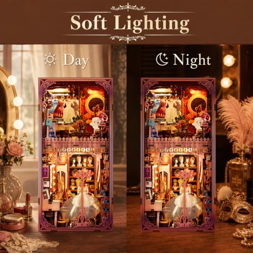 fifijoy Theatre Dressing Room DIY Book Nook Kit - DIY Miniature Dollhouse Book Nook Kit, Classic Theater 3D Wooden Puzzle Model Bookshelf Insert Decor, Gift for Craft Lovers (with Yellow Light) - color: Brown