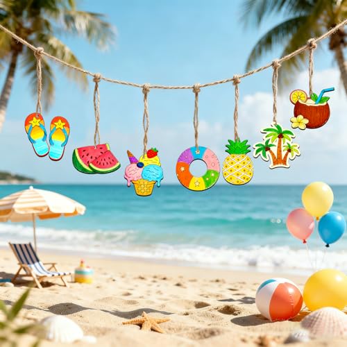 80PCS Unfinished Ornament Wood Crafts, Painting Blank Wooden Cutouts - color: Summer