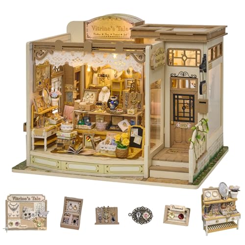 fifijoy DIY Miniature Dollhouse Kit - Jewelry Shop DIY Miniature House Kit for Adults and Teens, 3D Wooden Puzzle Tiny House Model with LED Light, Unique Gift for Family, Friends (Vitrine’s Tale) - color: Vitrine's Tale