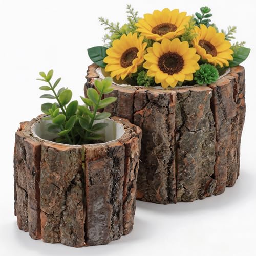NUOBESTY 2 pcs Bark Flower Pot Rustic Succulent Planter Waterproof Log Plant Container Tree Stump Flower Pot for Home Garden Farmhouse Decor Table Centerpiece 4.72 X 4.72 X 3.93 in