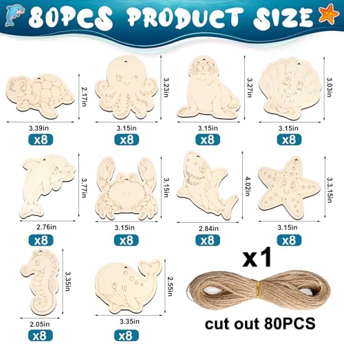 80PCS Unfinished Ornament Wood Crafts, Painting Blank Wooden Cutouts - color: Sea
