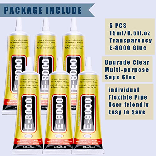 6pcs X 15ml E8000 Jewelry Rhinestones Glue E-8000 Clear Super Glue Transparent Adhesive for Phone Repair Jewelery Making Crafts Gem Fabric Metal Nail Art Stone Wood Glass - style: E8000 6pcs x 15ml