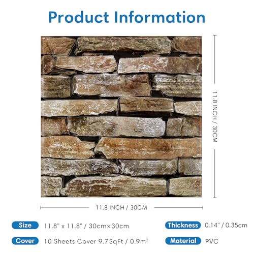 COMSTICKC 3D Faux Stone Wall Panels Peel and Stick, 10 Pcs 11.8" x 11.8" - color: Dark Brown