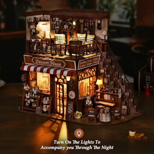 DIY Miniature House Kit, Dollhouse Fantastic Corner Shop for Adults to Build, Birthday/Christmas Day Gift for Family and Friends, Prefab Tiny Home with LED Lights,Corner Dessert House - color: Corner Dessert House