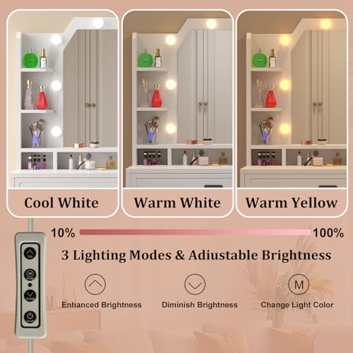 Makeup Vanity with Mirror with Lights for Girls White Lighted Vanity Desk Small Makeup Vanity Table Set with Storage Drawers 3 Lighting Modes & Adjustable Brightness - style: New White