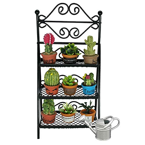Dollhouse Furniture Flower Stand Set (11pieces) - Vintage Metal Plant Stand and Other Miniature Accessories for 1 12 Scale Dollhouse Balcony Decoration (Black)
