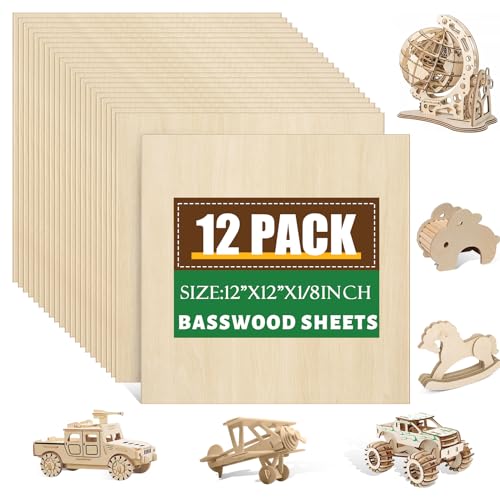 12 Pack Basswood Sheets 1/8x12x12 Inch for Crafts,Unfinished Wood for Laser Cutting & Engraving,Wood Burining,Plywood for Architectural Models. - size: 12P 12x12x1/8in