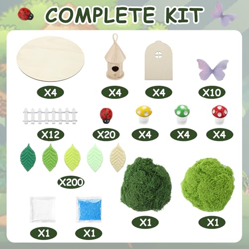 Foilswirl 4 Sets DIY Fairy Garden Kit Make Your Own Wooden Fairy House Craft Kit Mini Garden Accessories Micro Mushrooms Fence Moss Ornaments Craft for Outdoor Indoor Mini House Decor