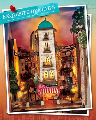 Rolife DIY Book Nook Kits Sunset Street Scene, Endless Stairs Bookshelf Decor 3D Wooden Puzzles for Adults, DIY Miniature House Model Building Kits, DIY Crafts/Birthday Gifts for Teens & Book Lovers - color: Street Scene