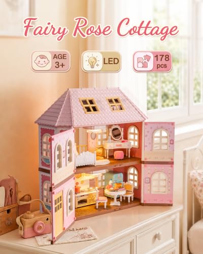 Rolife Dollhouse with LED Light, Haley Island Fairy Rose Dollhouse with 14 Pcs Furniture Accessories, 1:12 Fairy House Building Kit 3 Storey Family Style Pink DIY Crafts Toys Gift for Girls