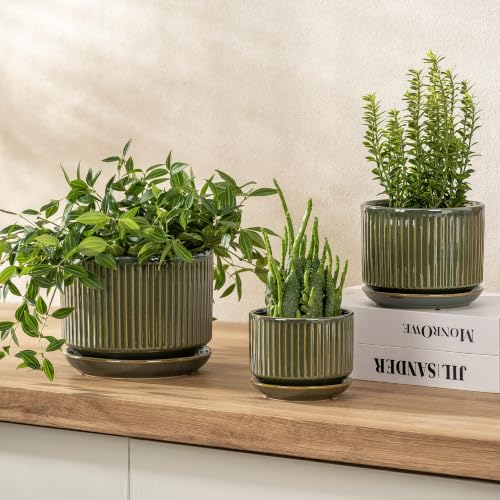 SURE YUESI Ceramic Plant Flower Pots for Indoor Plant, 4.33"+5.5"+6.88", Set of 3, Orchid Pot with Drainage Hole, Saucer and Hole Mesh Pad for Succulents, Herbs and African Violet (Light Green) - color: Light Green