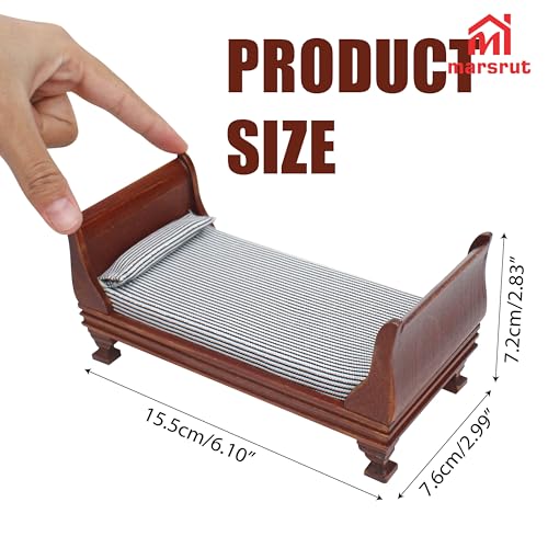 1:12 Scale Doll House Miniature Single Bed with Bedding Fabric & Pillow, Wooden Vintage Victorian European Style Bedroom Furniture Decor Christmas Accessories, Mini Sleigh Bed for 6 Inch Dolls