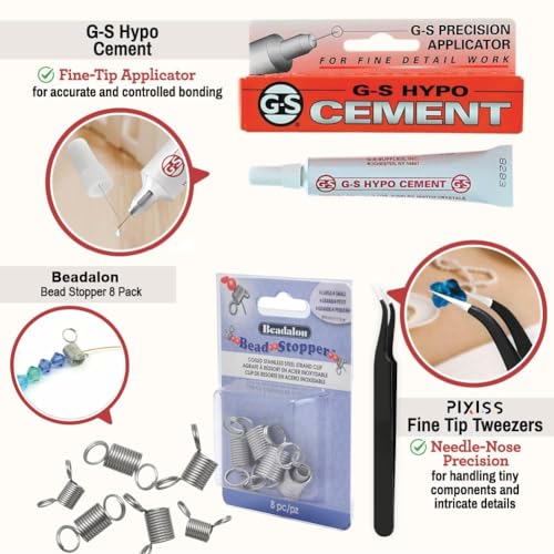 GS Hypo Cement Glue for Jewelry Making (9 ml) - 8 Pack Beadalon Bead Stoppers and Fine Point Precision Tweezers - Adhesive Bundle for Beads, Bracelets, Watch Repair