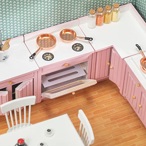 Wooden Dollhouse Furniture Set - Miniature Dollhouse Furniture 1 12 Scale for Dollhouse Kitchen - Doll House Furniture Toys Incl Kitchen Cabinets, Dining Table, Refrigerator and Others (Pink) - style: Pink Deluxe Kitchen Set