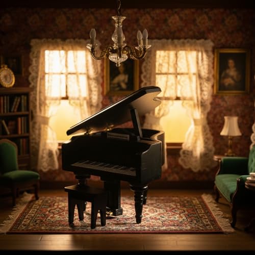 Miniature Piano for Dollhouse Furniture Upright Grand Piano with Stool Instrument 1 12 Ornament Artificial House Scene Accessories Desktop Decoration - style: Black
