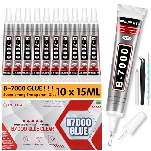 INSOIA B7000 Bedazzling Glue Tool Clear, 10 x 15ml Precision Tip - size: 15g*10pk,1 dbl-end pen,1 wax pencil,1 tweezer