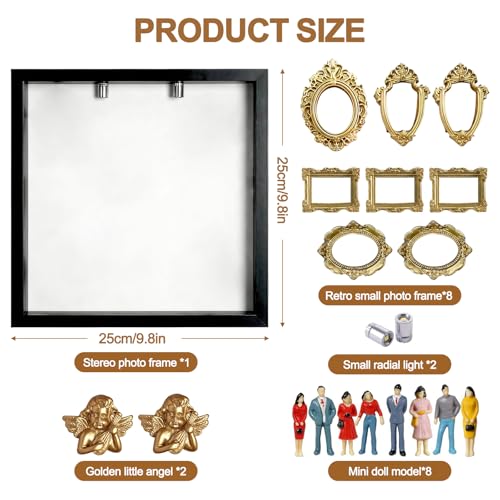 DIY Mini Museum Silhouette Box, Shadow Box Frame Kit with Gold Miniature Frames、Angel & Figurines, Custom Photo Family Memory Display Case Frame Set, for Anniversary, Wedding, Birthday & Home Decor